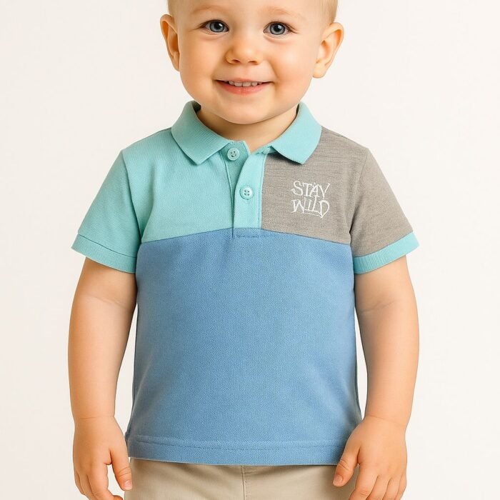 T-shirt polo tricolore en piqué 100% coton à col chemisier et sérigraphi